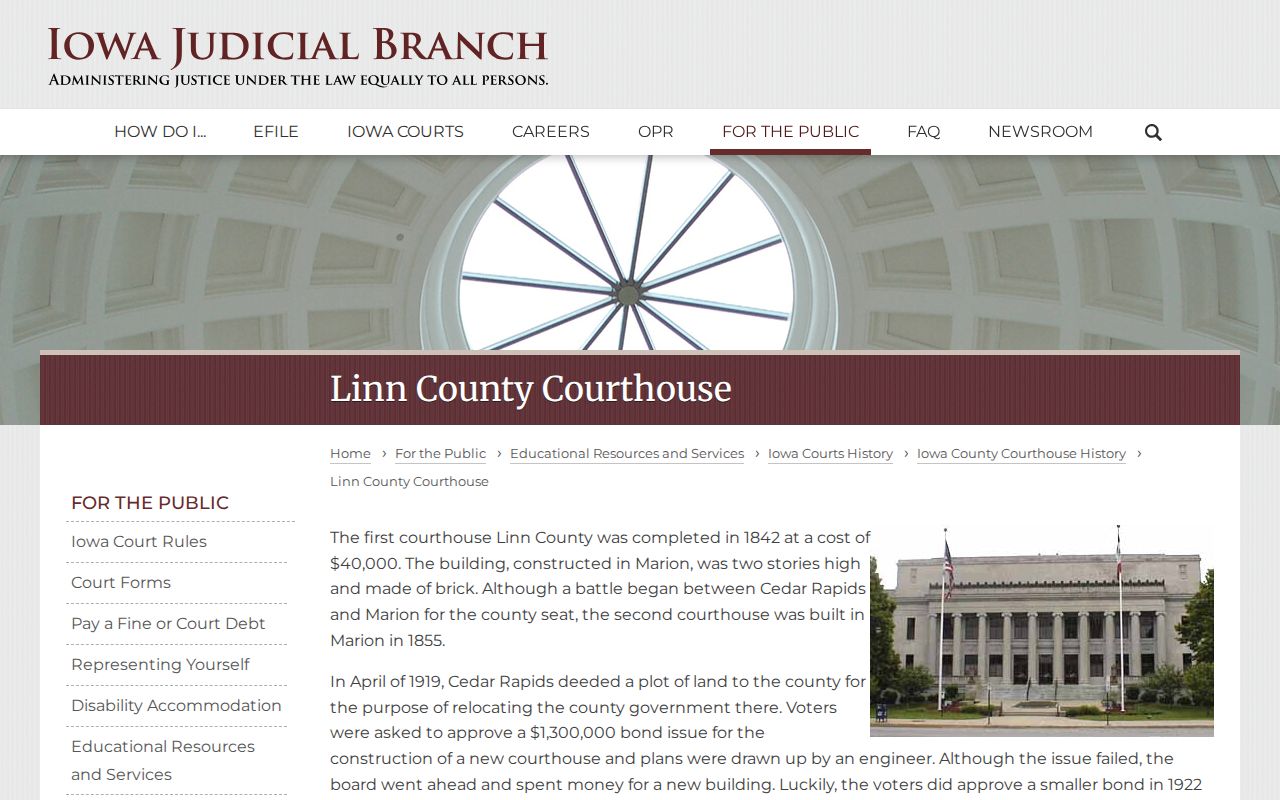 Official Iowa Courts history page for the Linn County courthouse in Cedar Rapids