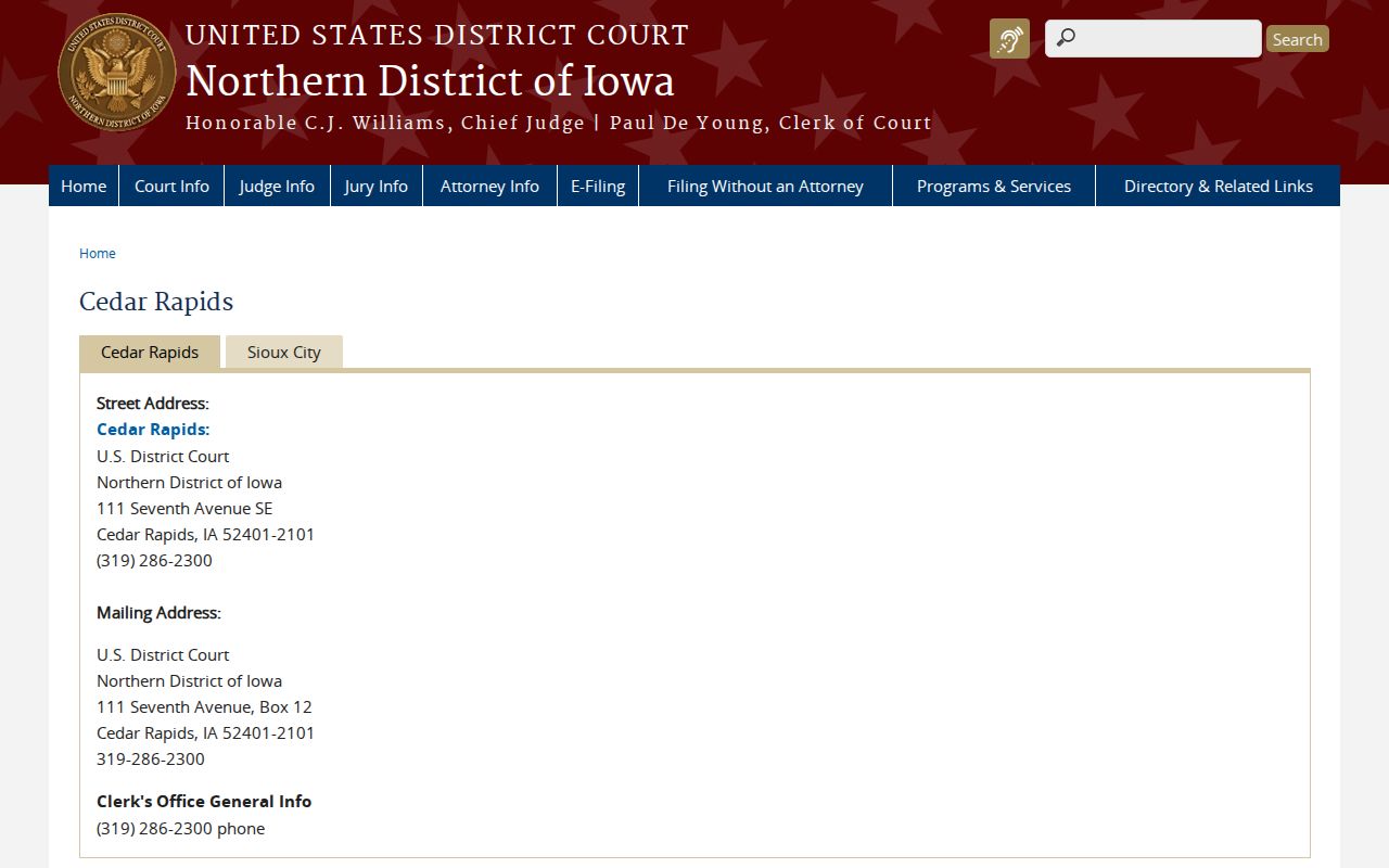 Official Northern District of Iowa Cedar Rapids courthouse information page