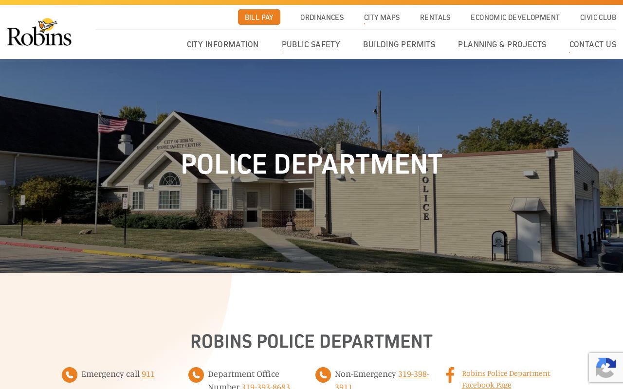 Robins Police Department contact for Robins warrant records